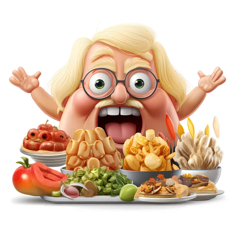 Excited Cartoon Character with Assorted Food