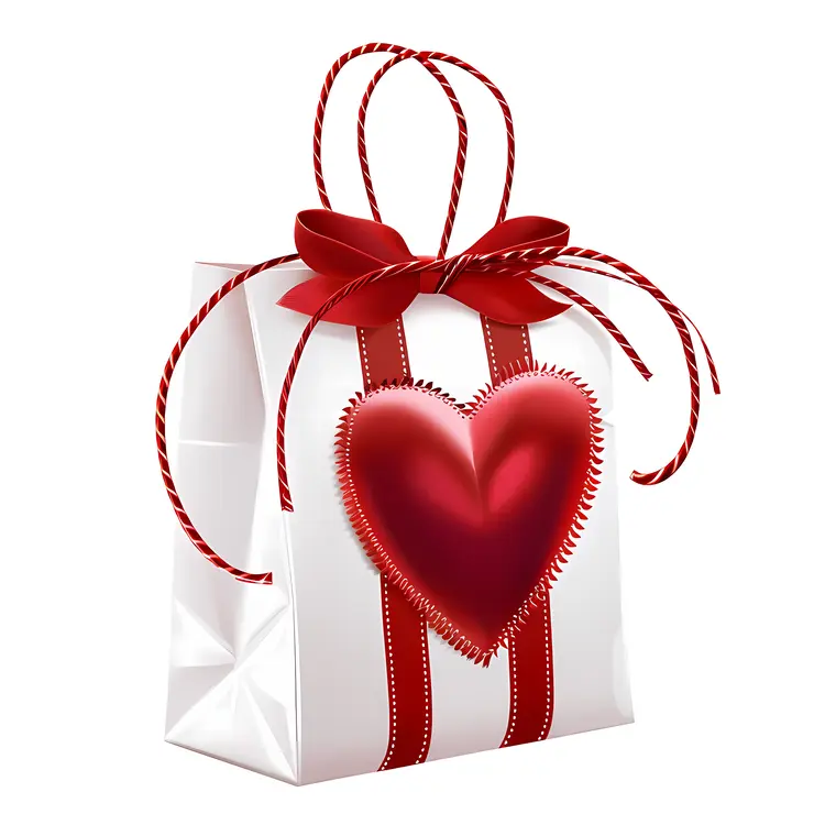 White Gift Bag with Heart and Bow for Valentine's Day