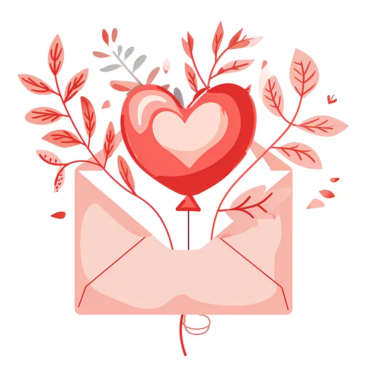 Heart Balloon and Envelope with Leaves Illustration