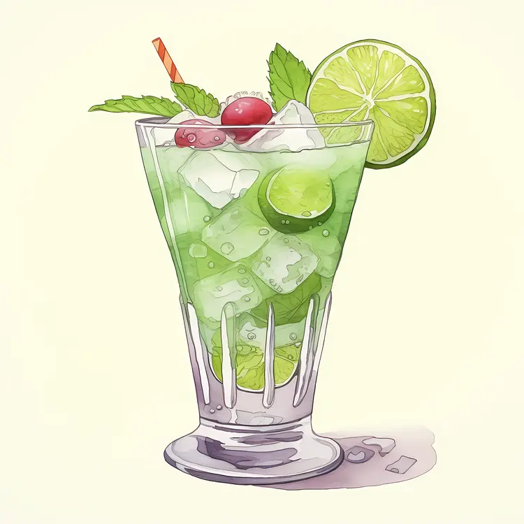 Green Cocktail with Lime and Mint Illustration