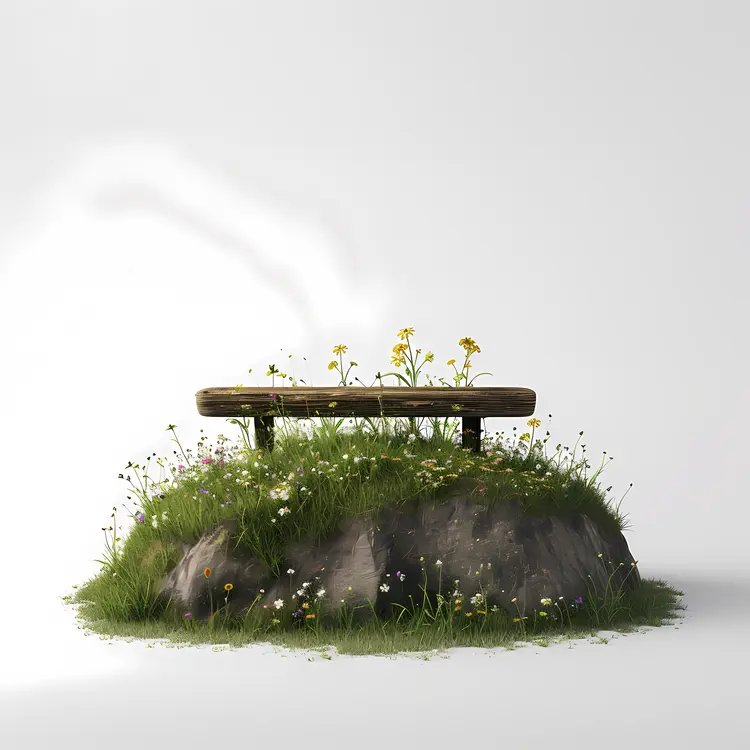 Wooden Bench on Grass with Flowers