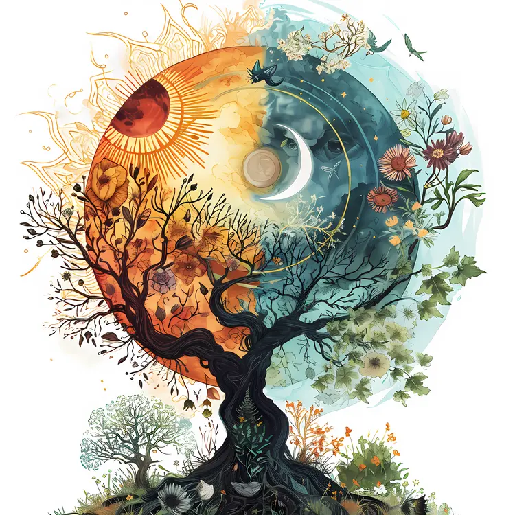 Tree with Sun and Moon during Equinox
