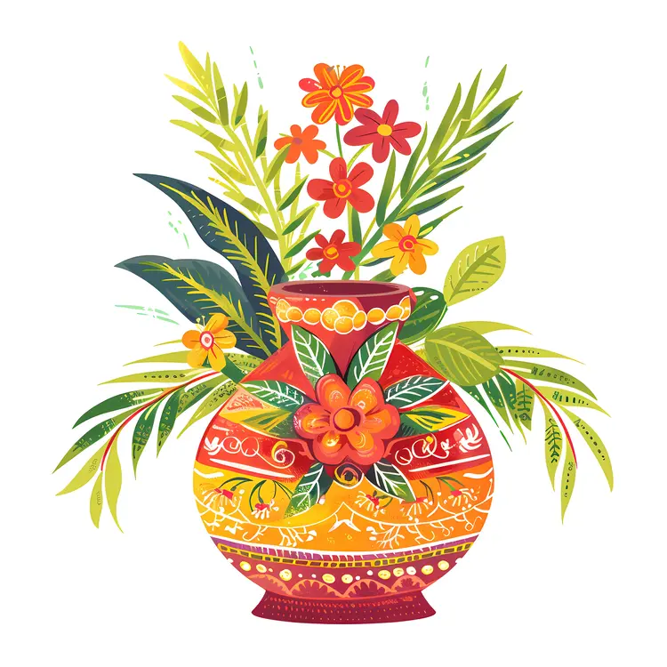 Colorful Vase with Flowers and Leaves