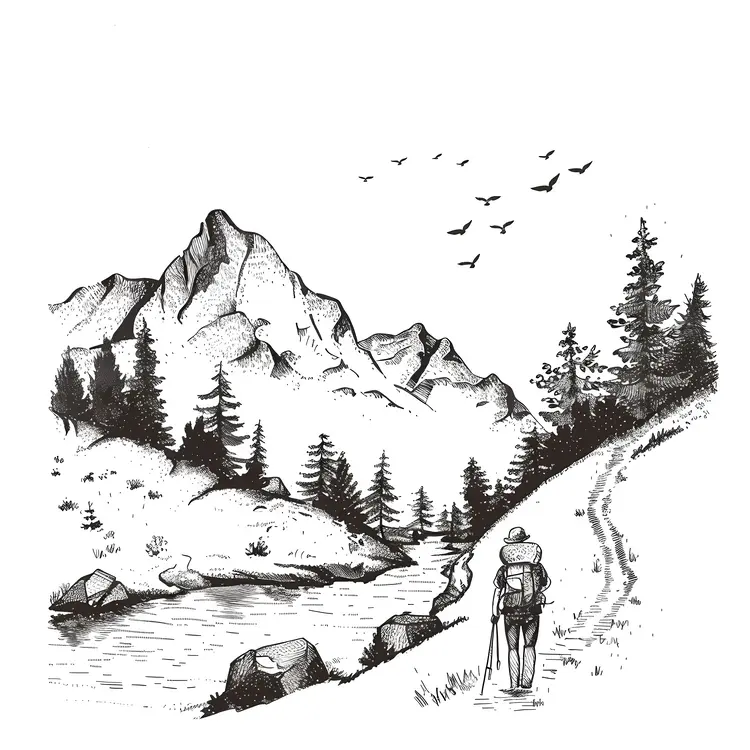Hiker with Walking Stick by Mountain River