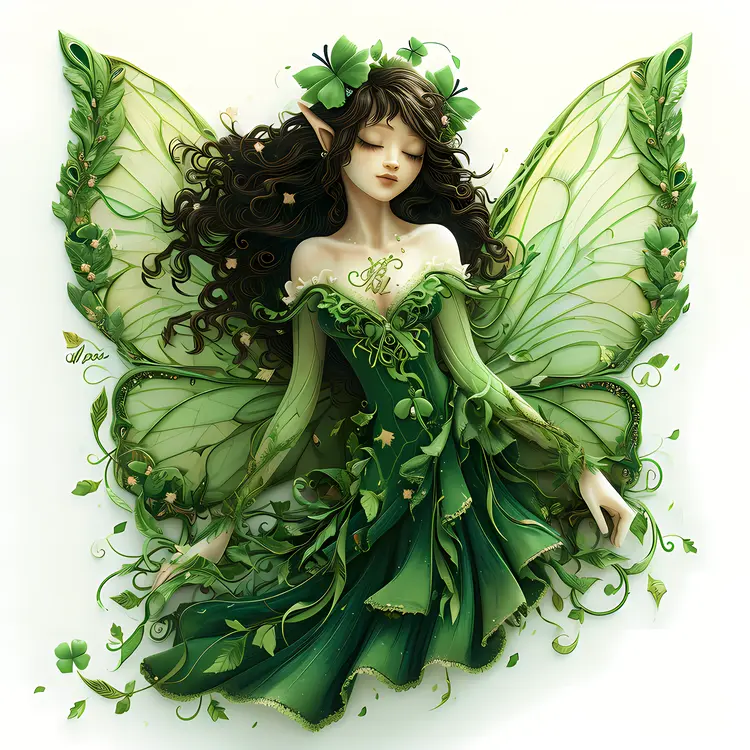 Sleeping Green Fairy with Leafy Wings