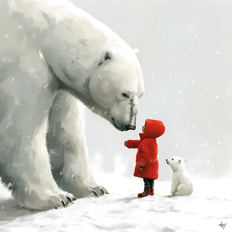 Child in Red Coat Meeting Polar Bear