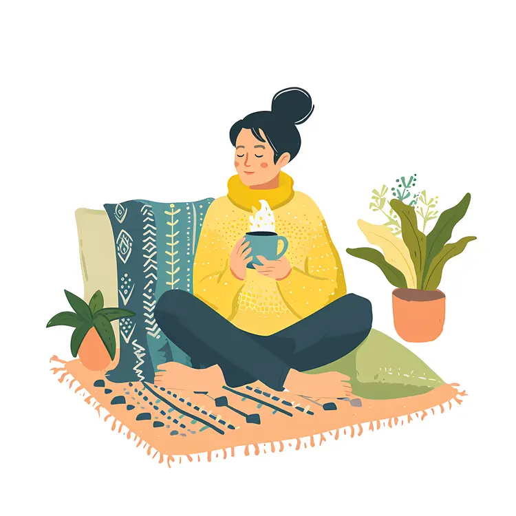 Woman Relaxing with Hot Drink and Plants