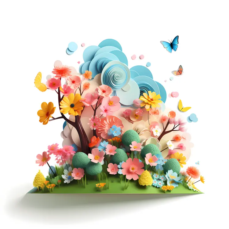 Colorful Flowers and Trees with Butterflies