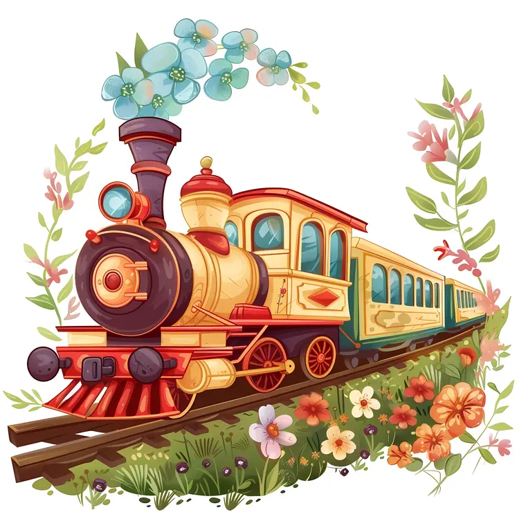 Yellow Steam Train with Flowers