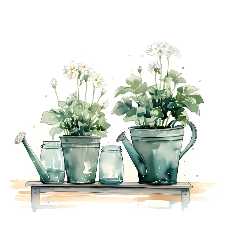 Watering Can with Flowers on a Shelf