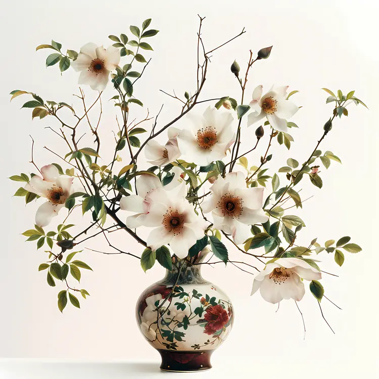 White Flowers in Patterned Ceramic Vase