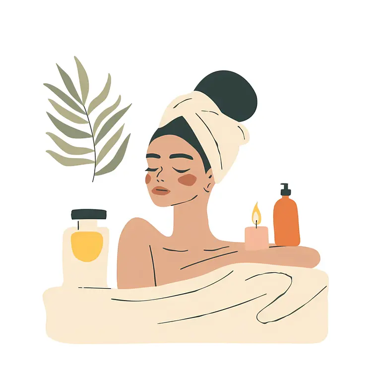 Woman Relaxing in Bath with Skincare Products