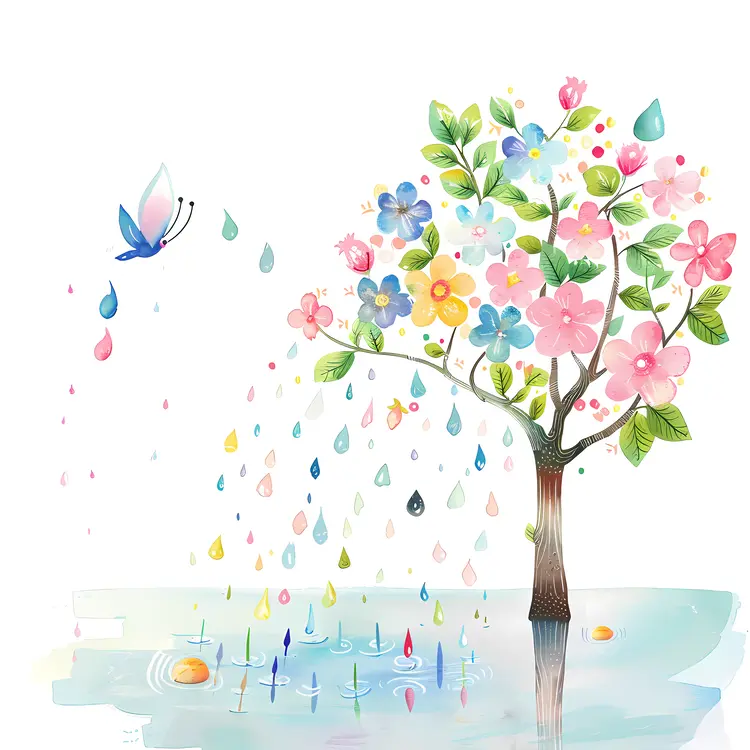 Colorful Tree with Butterfly in Rain