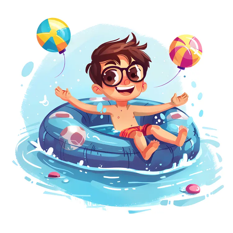Boy in Pool with Glasses and Balloons