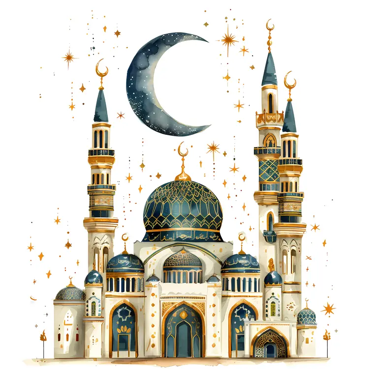 Beautiful Mosque with Crescent Moon and Stars