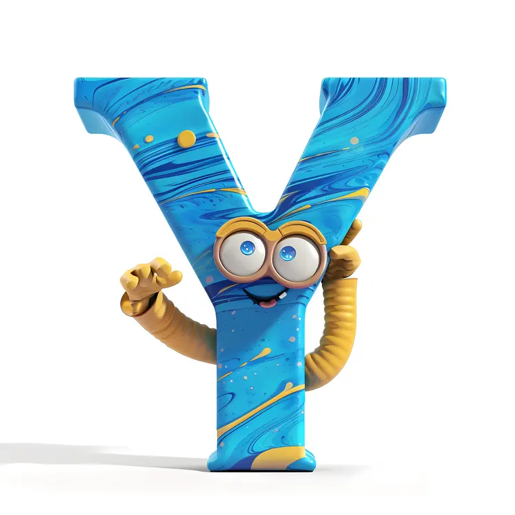 Blue Letter Y Cartoon Character with a Smiling Face