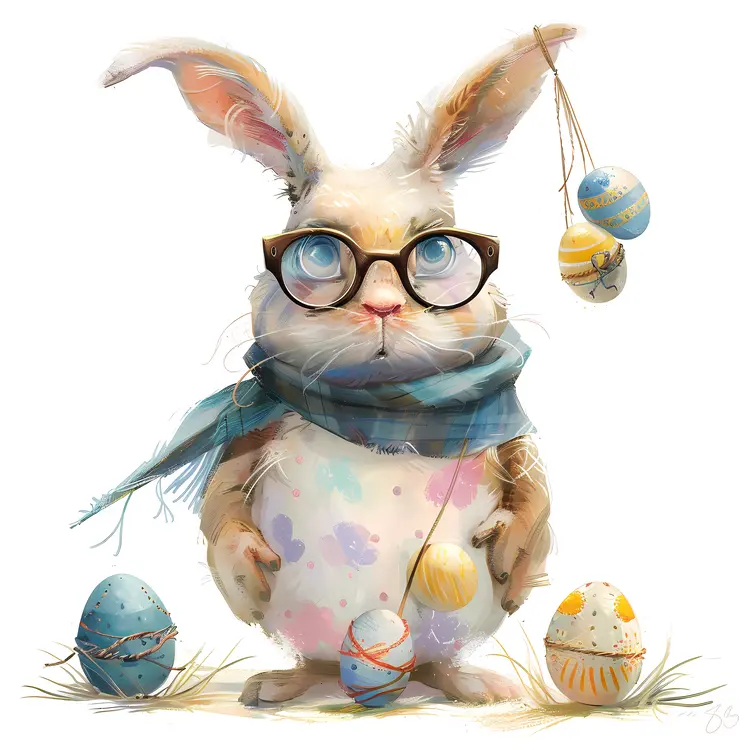 Cute Bunny with Glasses and Easter Eggs