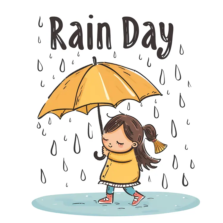 Girl with Yellow Umbrella on Rainy Day