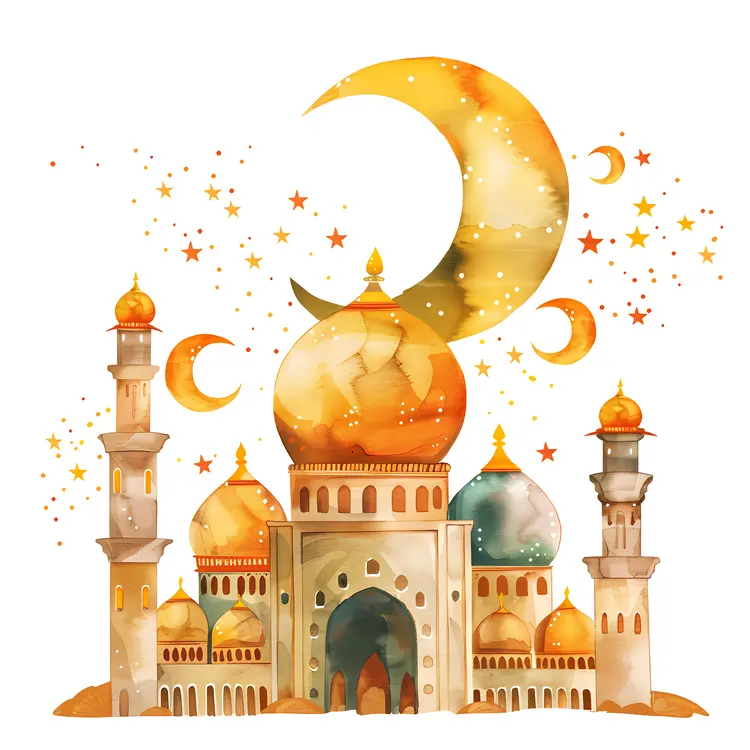 Golden Mosque with Crescent Moon and Stars