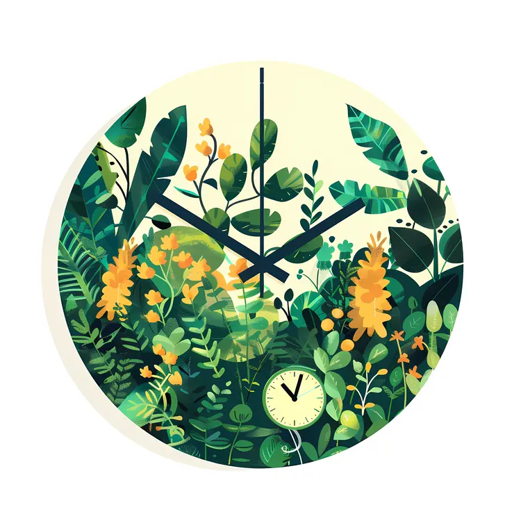 Decorative Clock with Green Foliage and Flowers
