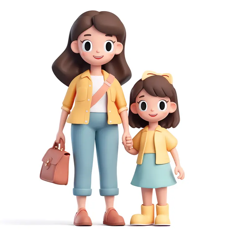 Cute Cartoon Mother and Daughter Holding Hands