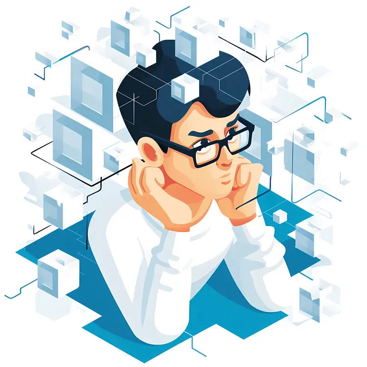 Thinking Man with Glasses and Digital Blocks