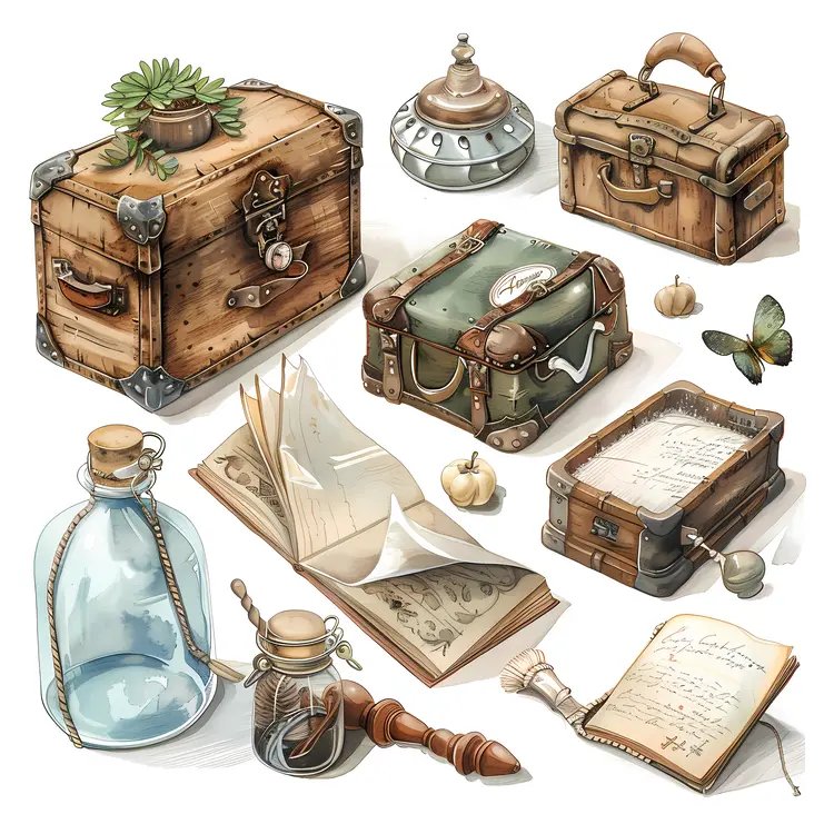 Vintage Suitcases with Books and Bottles