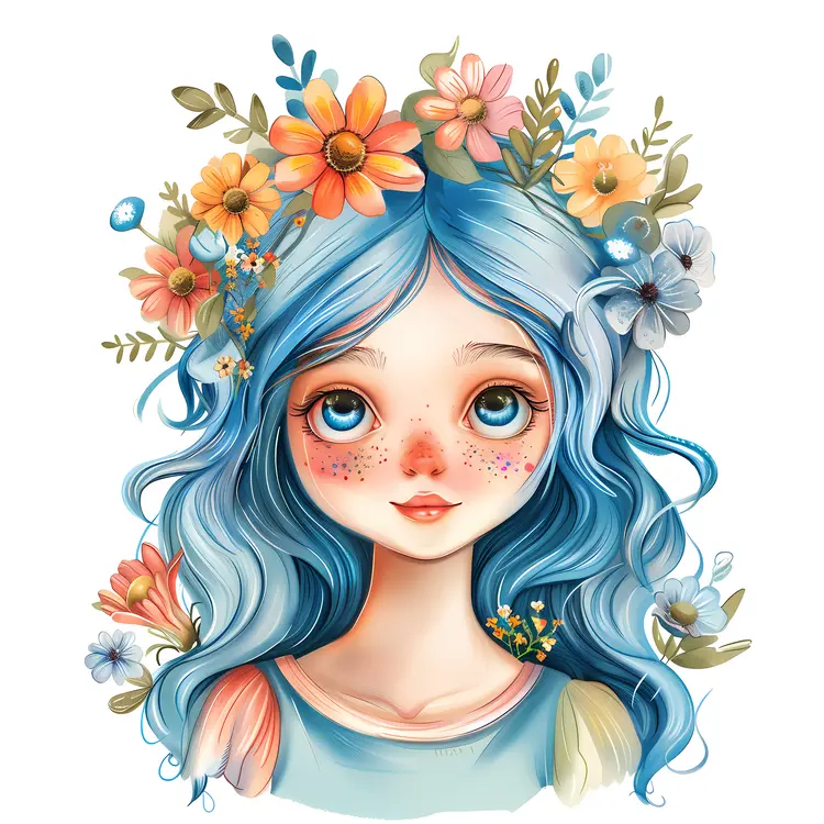 Blue-haired Girl with Floral Crown