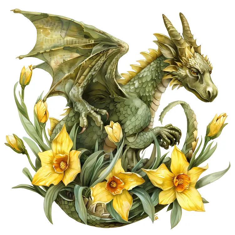 Dragon Surrounded by Yellow Daffodils