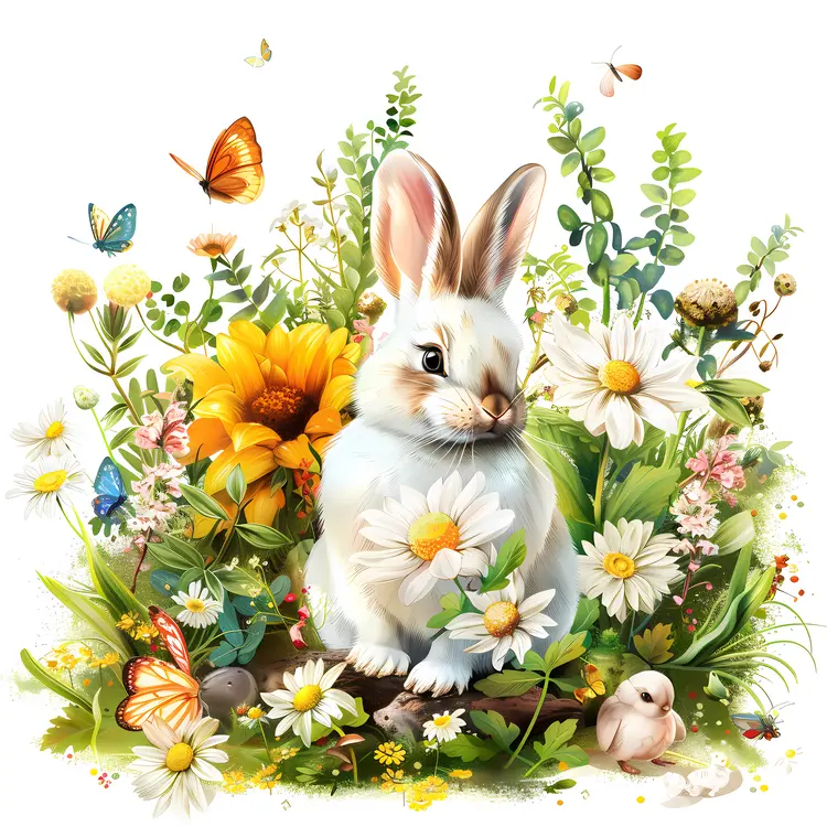 White Bunny in a Flower Garden