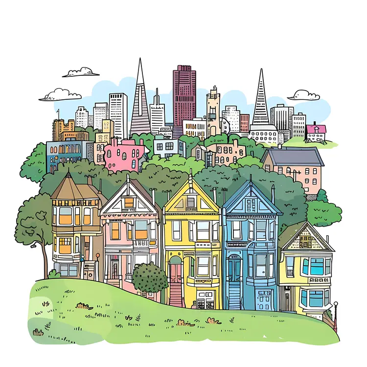Colorful Cityscape Illustration with Various Buildings