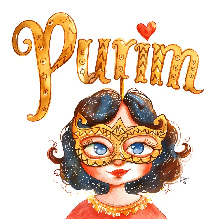 Purim Festival with Girl in Mask and Decorations