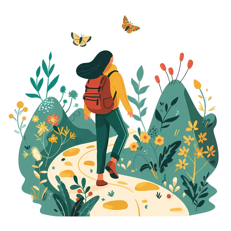 Hiker with Backpack and Butterflies