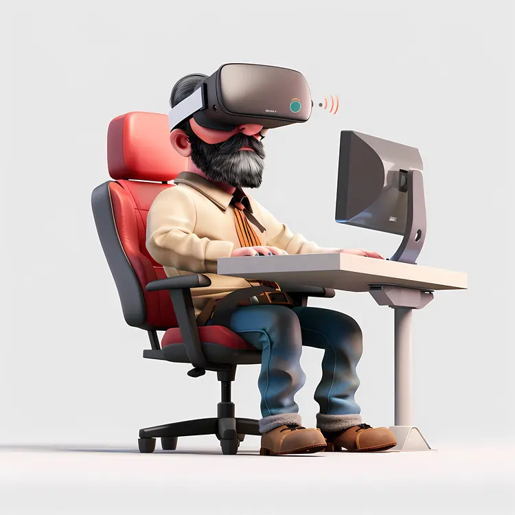 Bearded Man with VR Headset at Computer