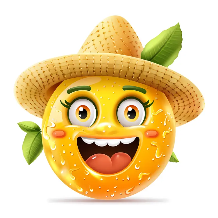 Happy Orange Emoji with Hat and Leaves