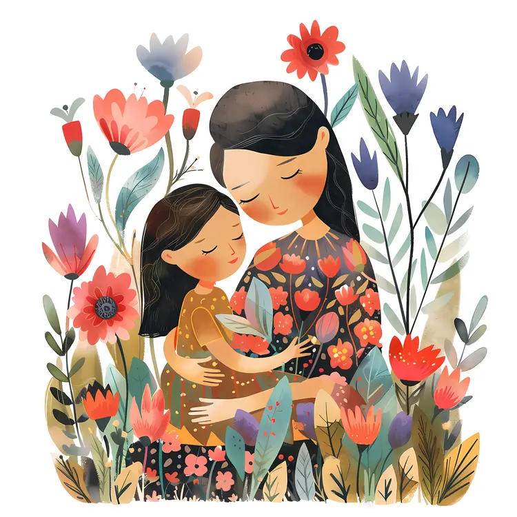 Floral Illustration of Mother and Child