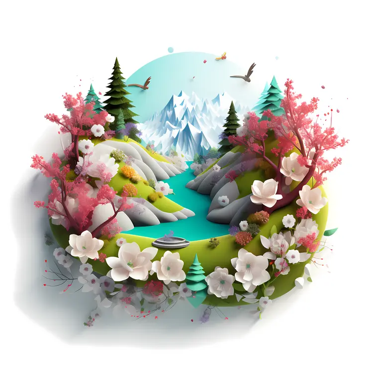 Mountain Landscape with Blossoming Trees