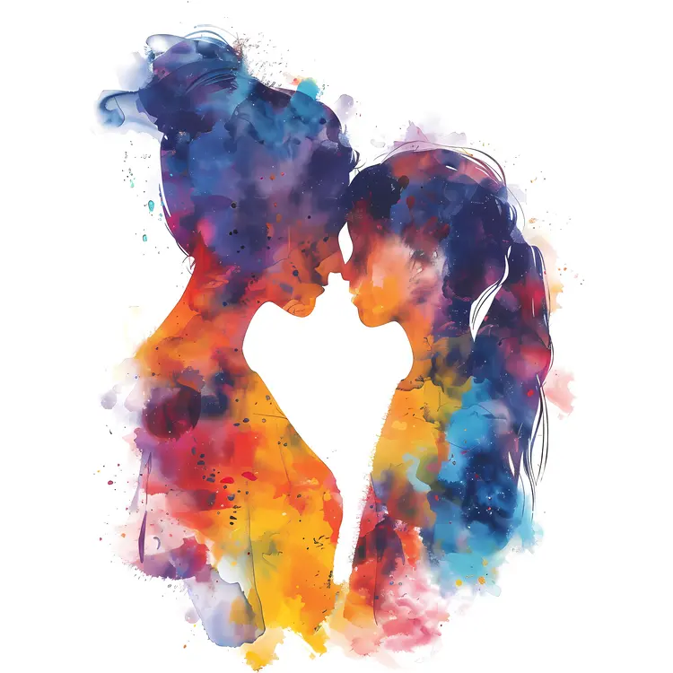 Colorful Silhouette of Mother and Daughter