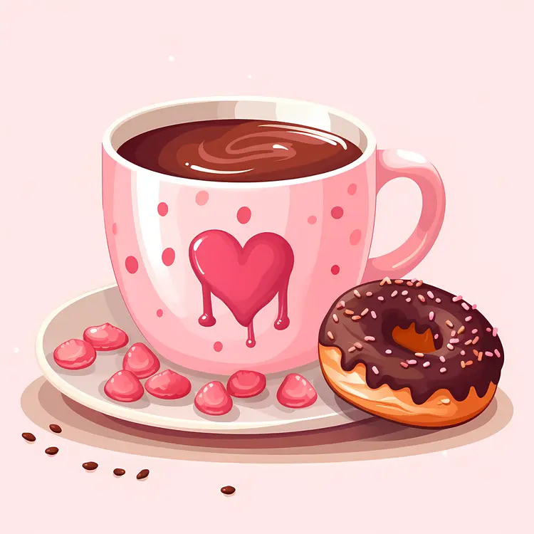 Pink Cup with Heart and Chocolate Donut