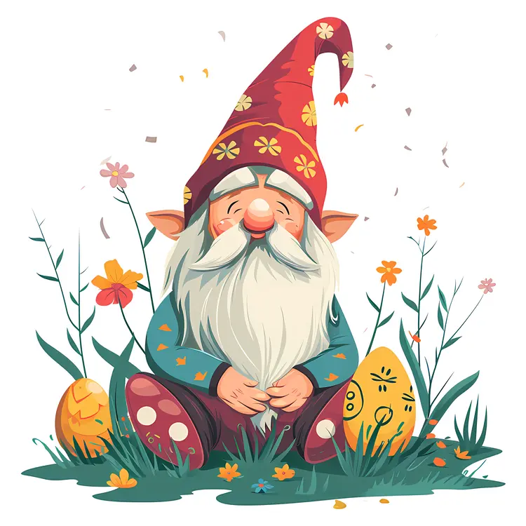 Gnome Sitting with Easter Eggs in a Flower Field