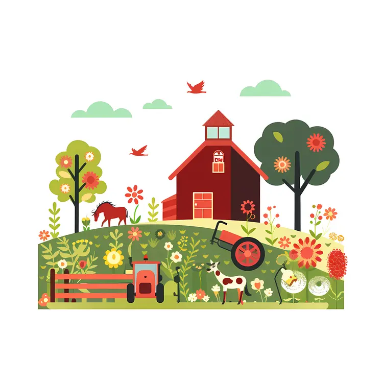 Farm with Red Barn and Flowers