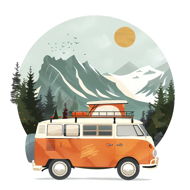 Orange Van in Mountain Landscape