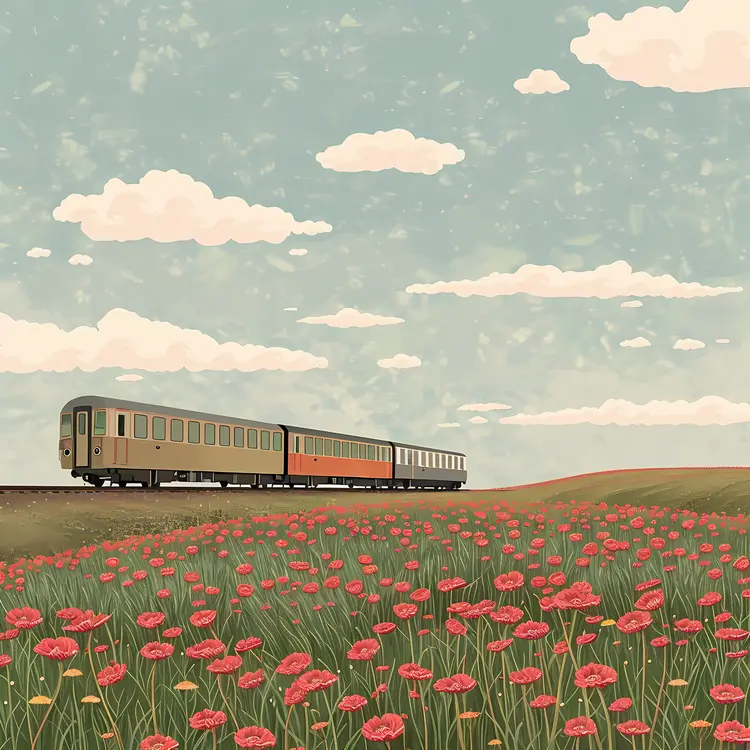 Train Traveling Through Field of Flowers