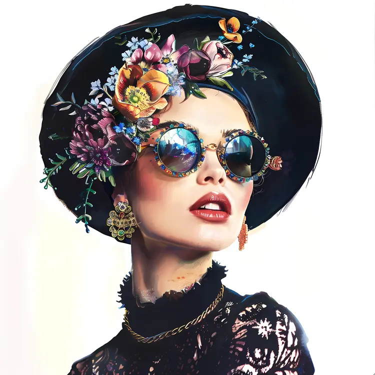 Stylish Woman with Floral Hat and Sunglasses