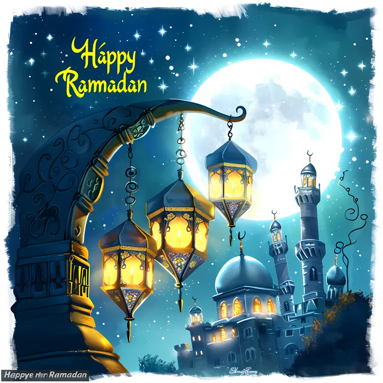 Happy Ramadan with Lanterns and Mosque