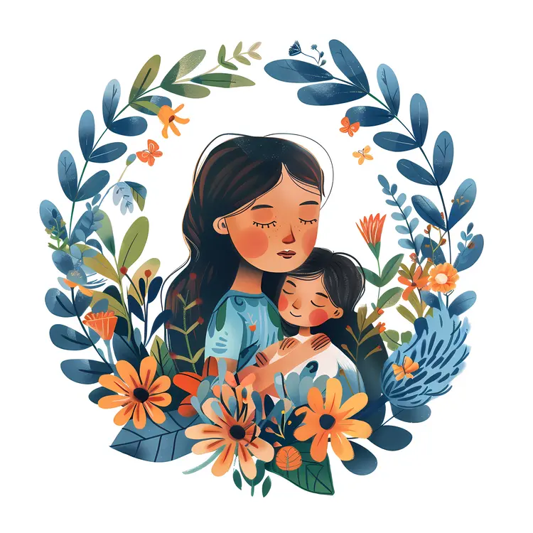 Mother and Child Embracing in Floral Frame