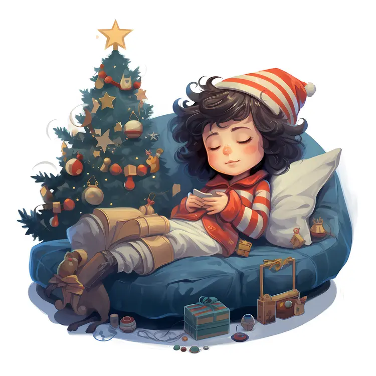 Girl Sleeping by Christmas Tree