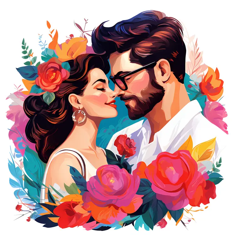 Romantic Couple Surrounded by Flowers