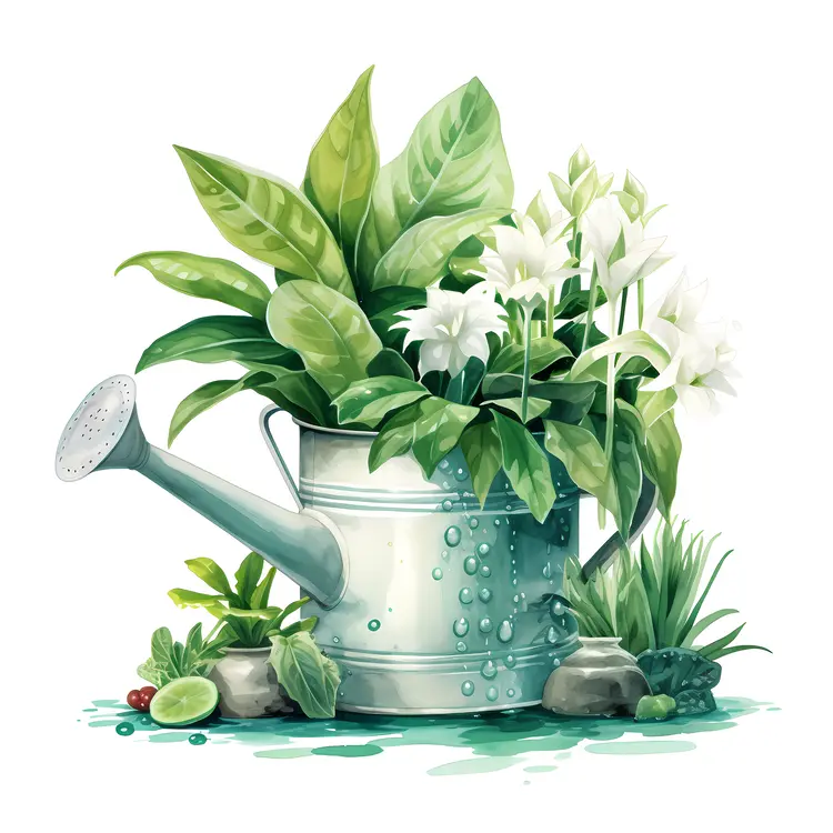 Watering Can with Green Leaves and Flowers