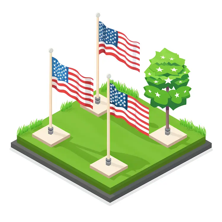 American Flags and Tree in Garden